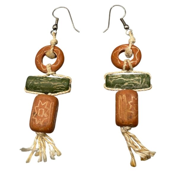 Brown Green Wooded Dangle Drop Earrings Boho Hippie Bohemian - Picture 1 of 3